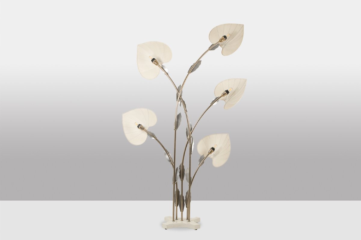 Antonio Pavia. Large Lamp In Silver-plated Brass And Silk. 1970s. Ls68351105-photo-4