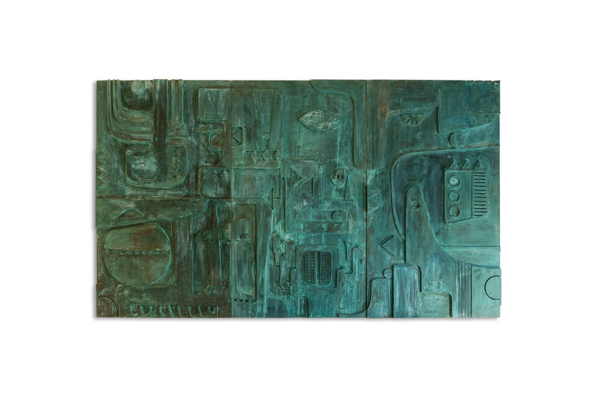 Victoire de Segonzac. Panneau triptyque sculpté et cuivré. Contemporain. LS69343009R-photo-2