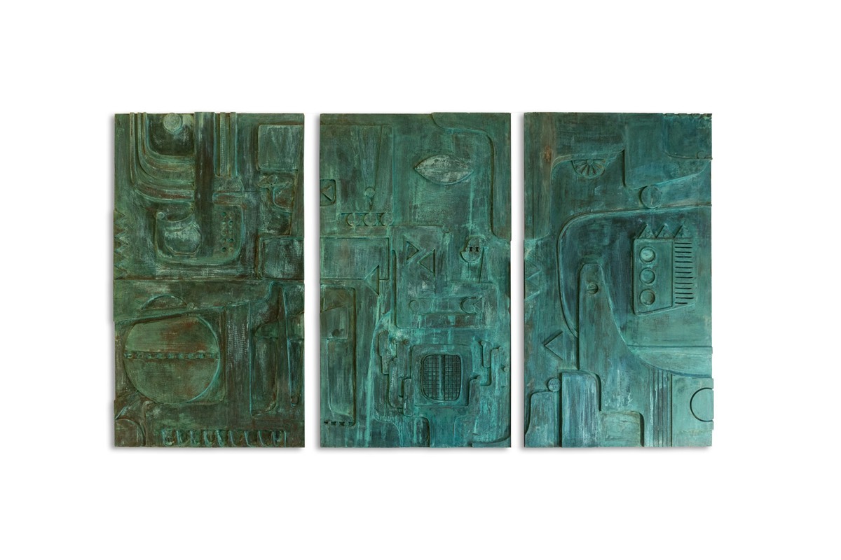 Victoire de Segonzac. Panneau triptyque sculpté et cuivré. Contemporain. LS69343009R