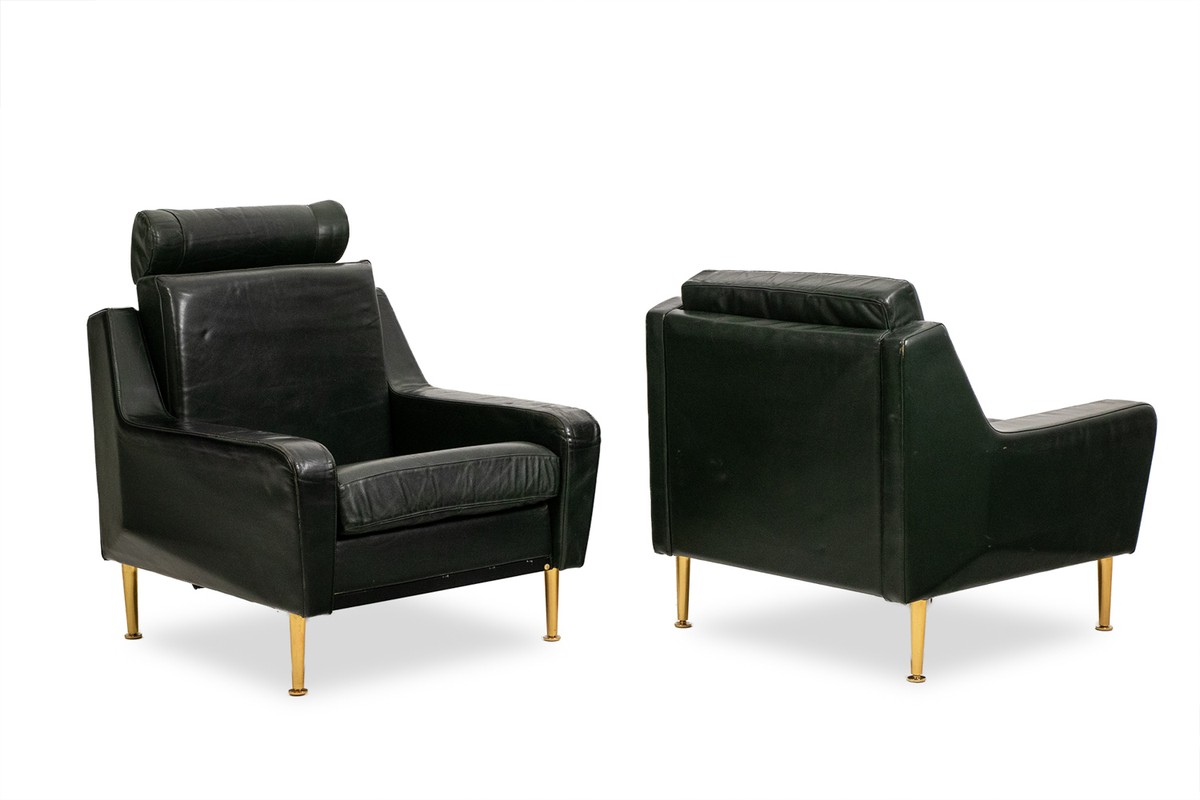 Airborne. Pair Of Green Leather Armchairs. 1950s.ls68601609p