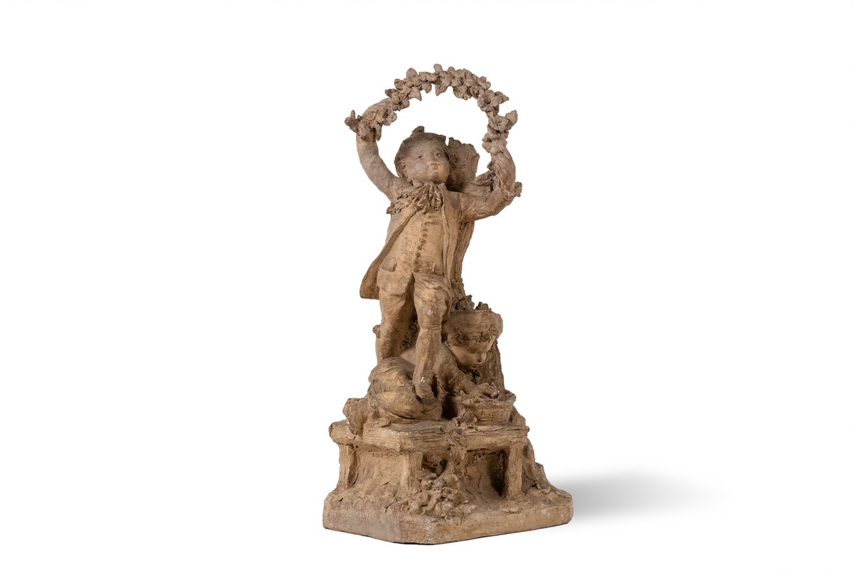 Sculpture en terre cuite de style Rocaille, Enfants et fleurs. Vers 1850.LS6899