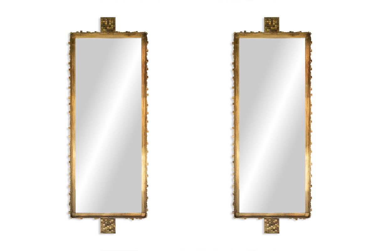 Paire de grands miroirs en laiton doré et patiné. Contemporains.LS69293254