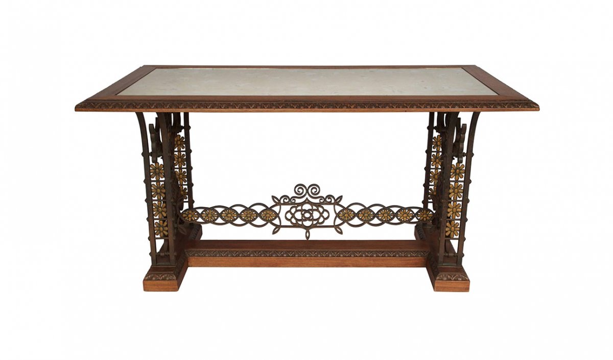 Forged Iron Table. Oxidized Mirror Top, Circa 1950 - Ls24671551