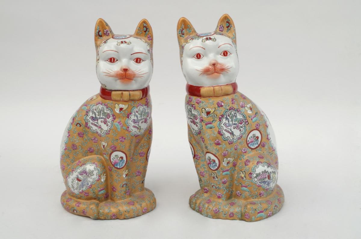 Paire de sculptures « Chats » en faïence chinoise, XXème siècle - LS3447321-photo-2