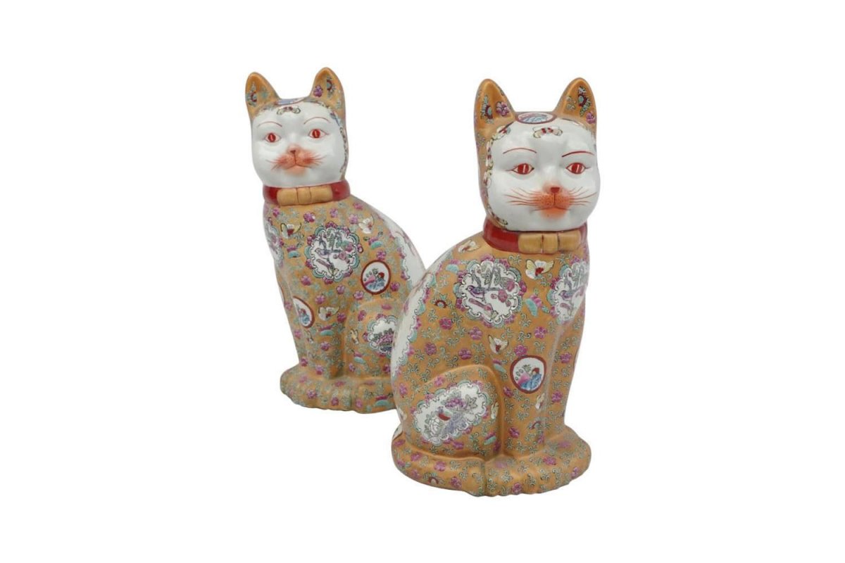Paire de sculptures « Chats » en faïence chinoise, XXème siècle - LS3447321