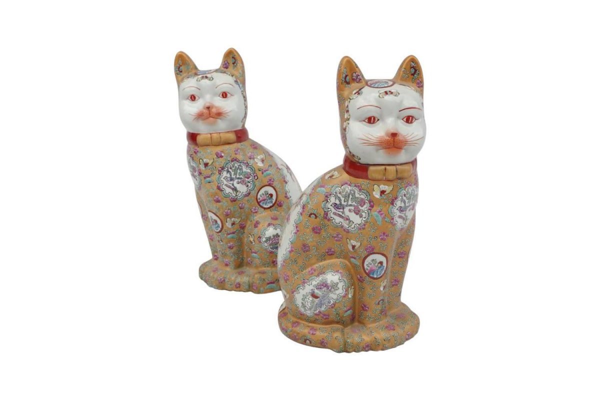 Paire De Sculptures Chats En Faience Chinoise Xxeme Siecle Ls Ceramiques Diverses