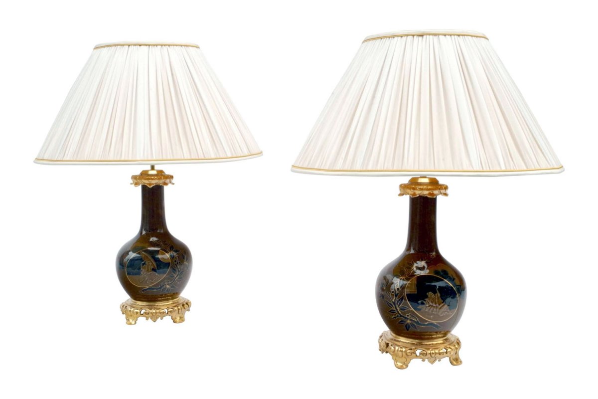 Paire de lampes en porcelaine japonisante brune et bleue, XIXe siècle - LS3521651