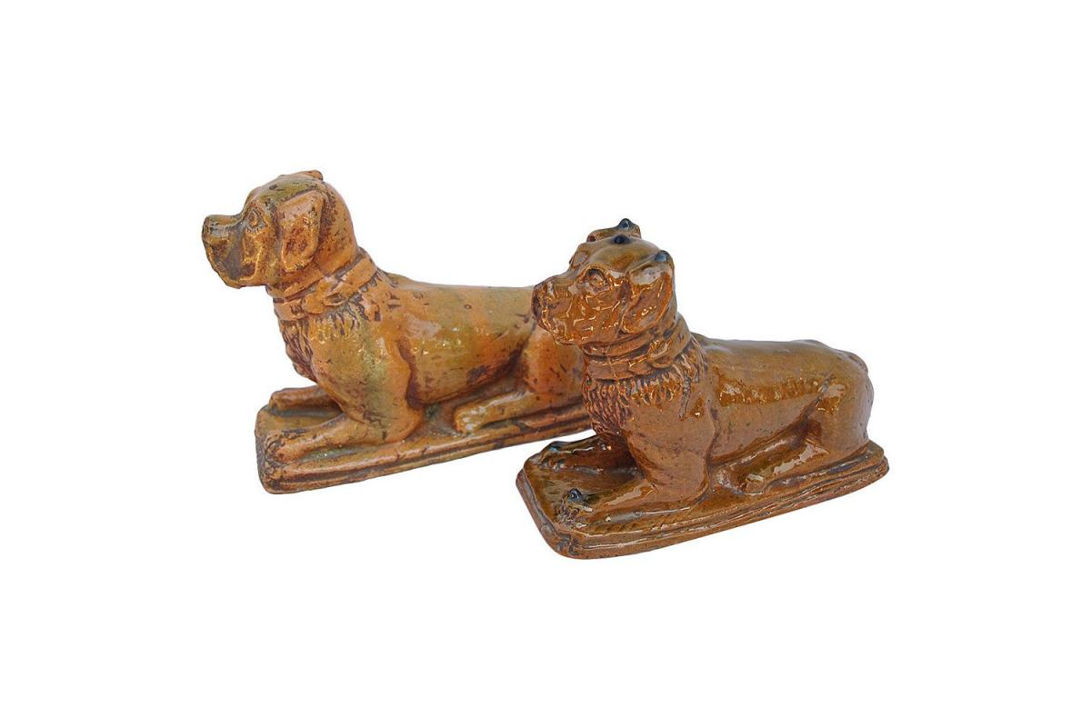 Pair Of Enameled Earthenware Boxer Dogs, Circa 1900 - Ls2560351