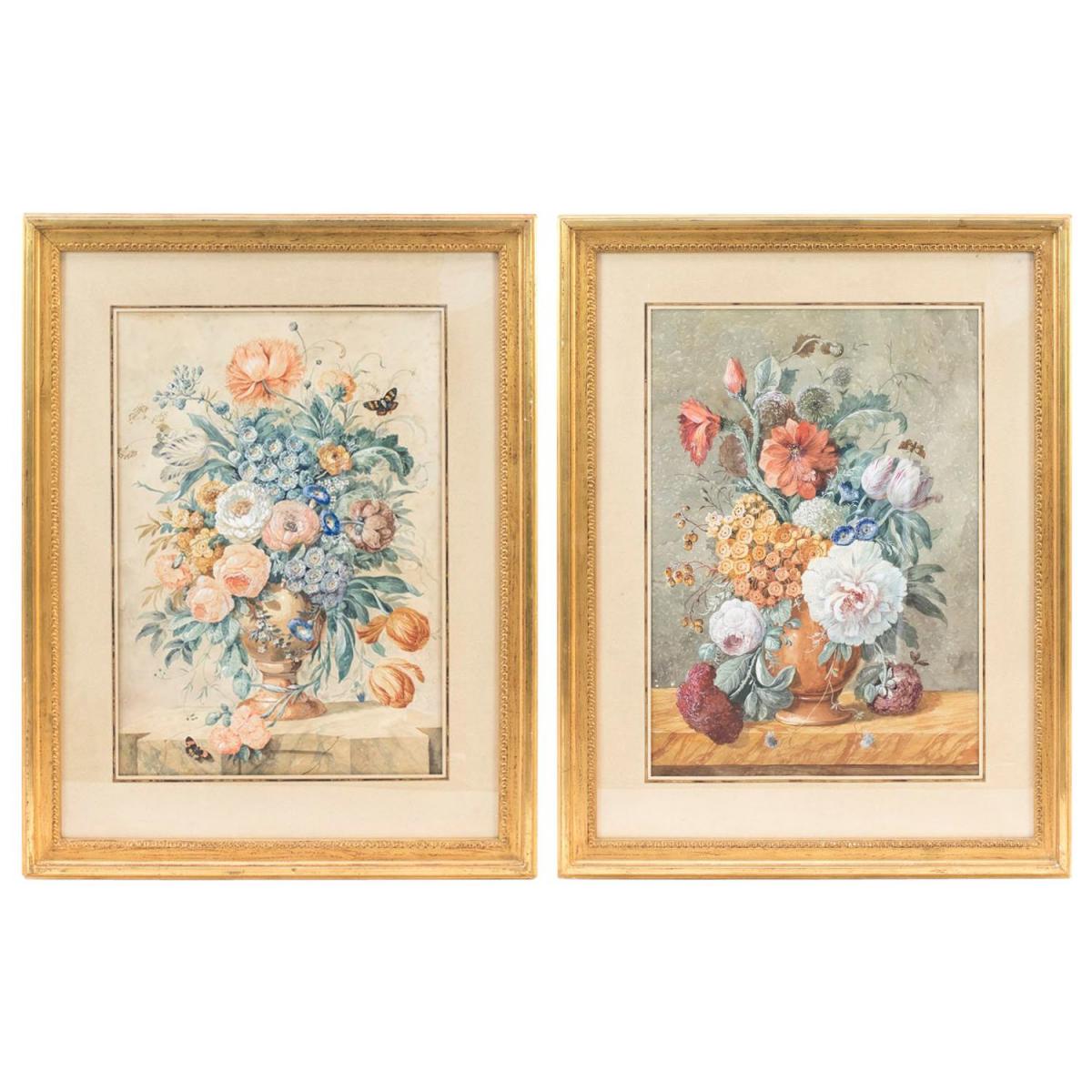 Paire De Gouaches Aux Bouquets De Fleurs, Fin XIXème Siècle - LS3555601