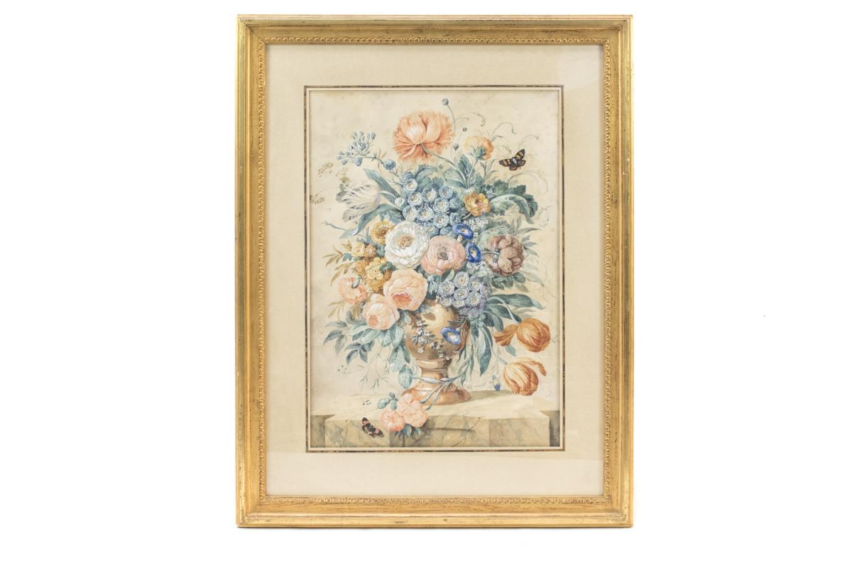 Paire De Gouaches Aux Bouquets De Fleurs, Fin XIXème Siècle - LS3555601-photo-3