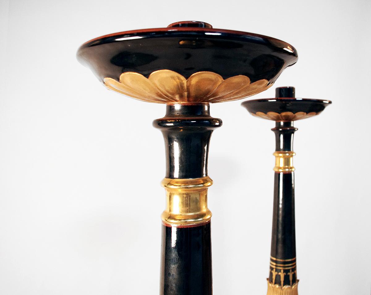 Pair Of Black Earthenware Torchieres With Gilt Bronze, Restauration Style, 1950 - Ls32161801-photo-2
