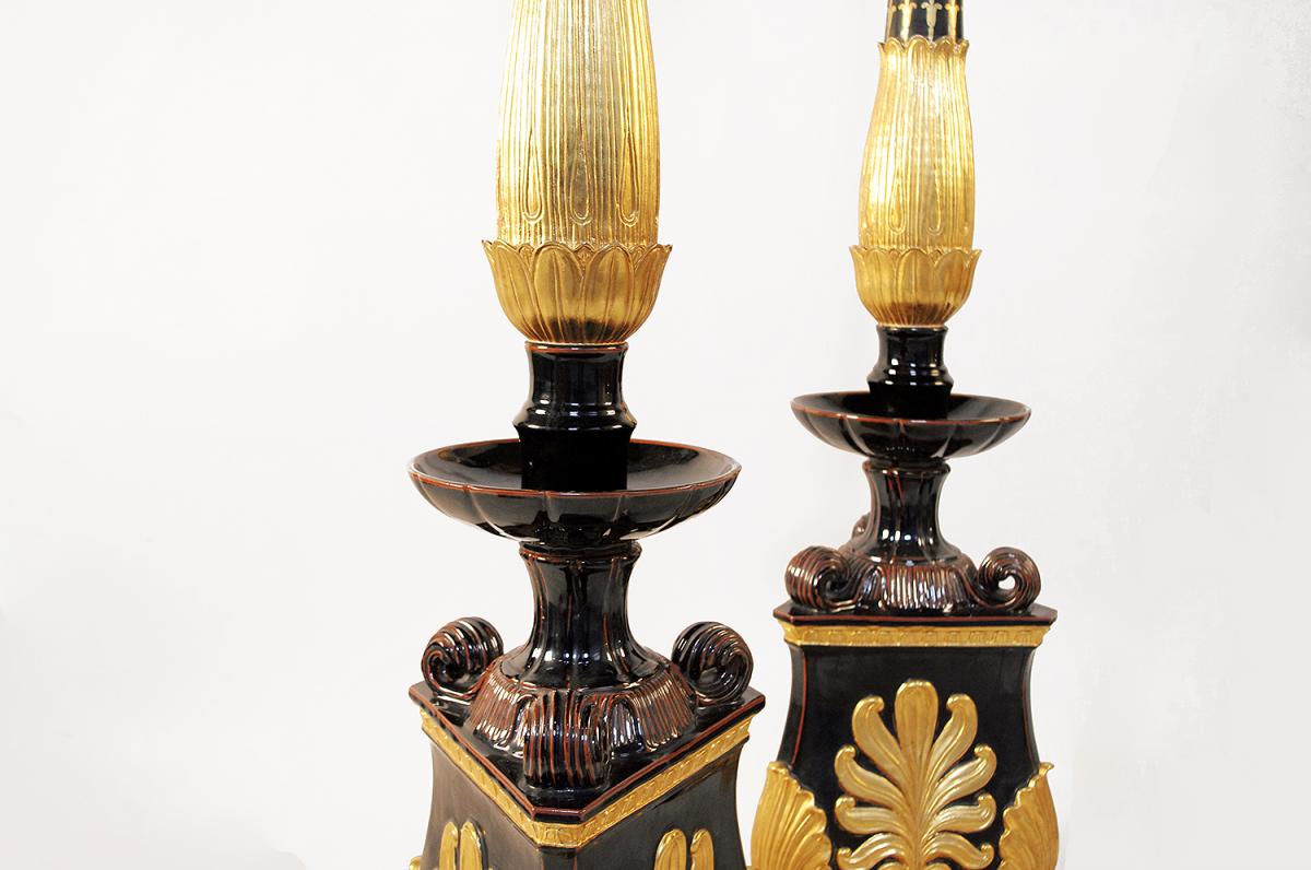 Pair Of Black Earthenware Torchieres With Gilt Bronze, Restauration Style, 1950 - Ls32161801-photo-3