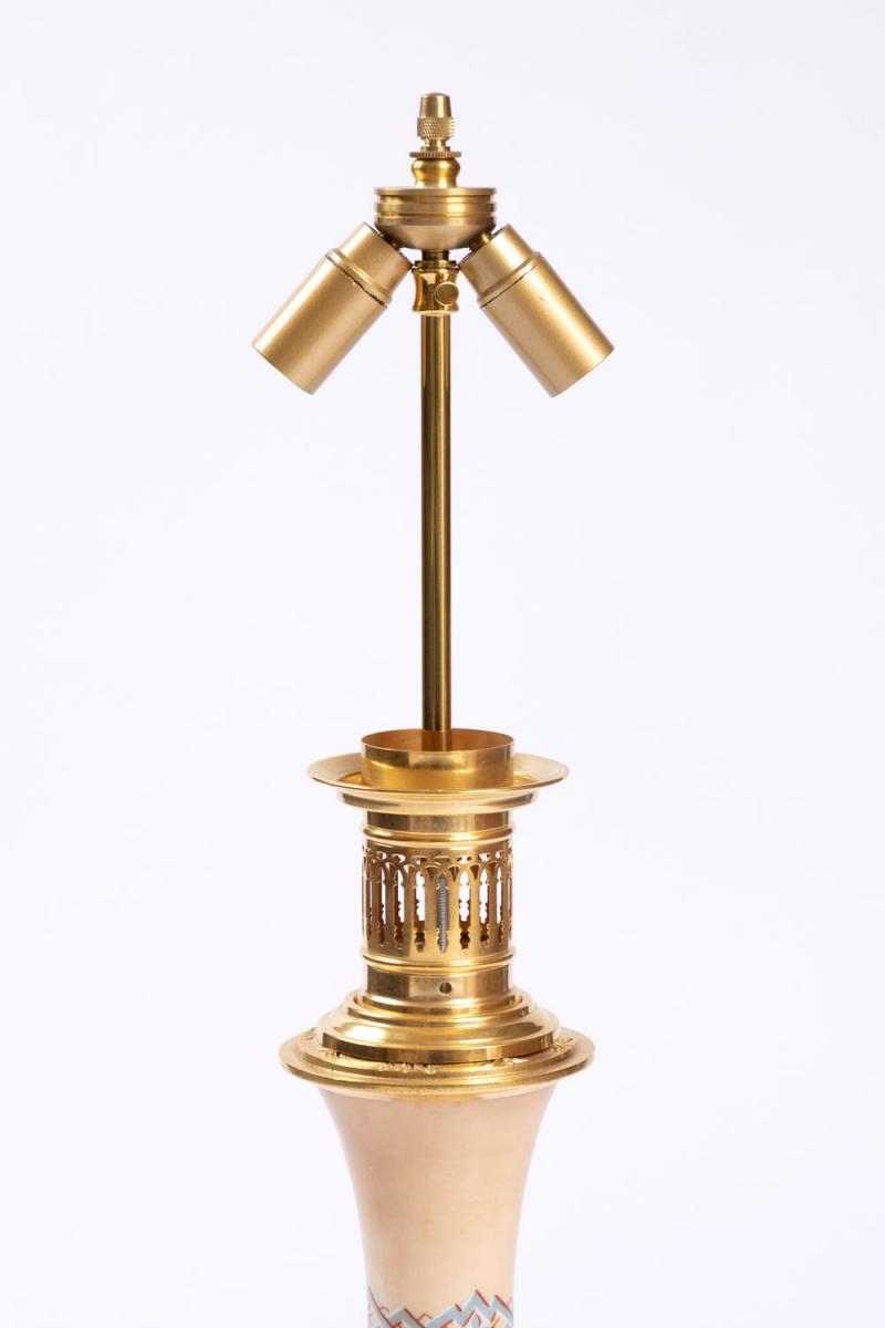 Paire De Lampes De Style Néogothique En Opaline Et Bronze Doré, Vers 1890 - LS3388621-photo-3