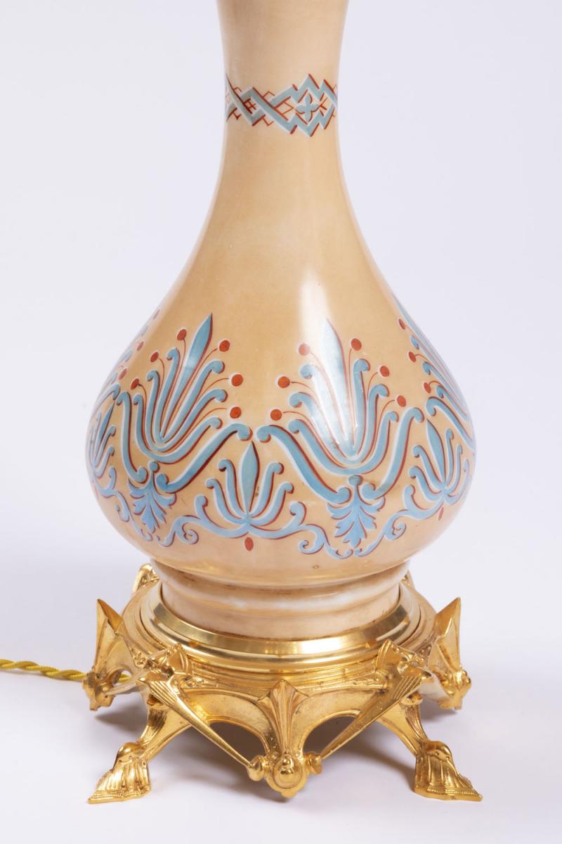 Paire De Lampes De Style Néogothique En Opaline Et Bronze Doré, Vers 1890 - LS3388621-photo-2