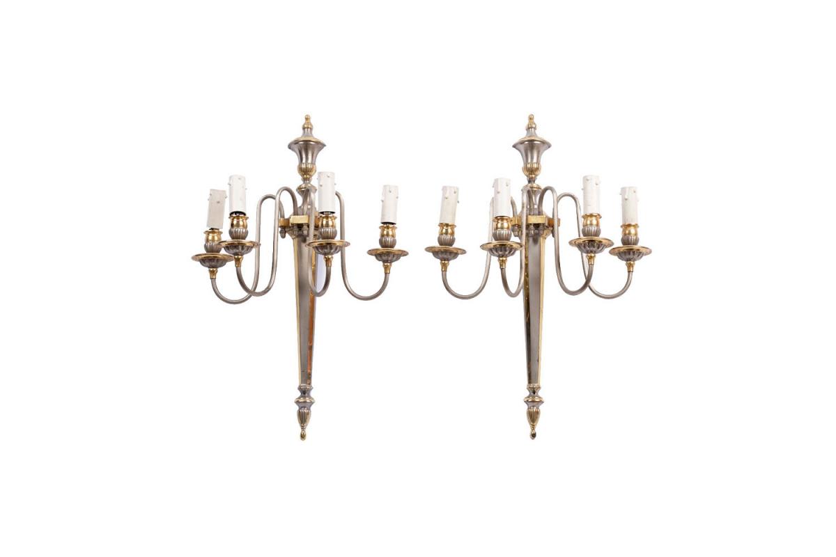 Maison Jansen, Pair Of Directoire Style Wall Sconces In Gilt And Silver Brass, 1970s - Ls1742321