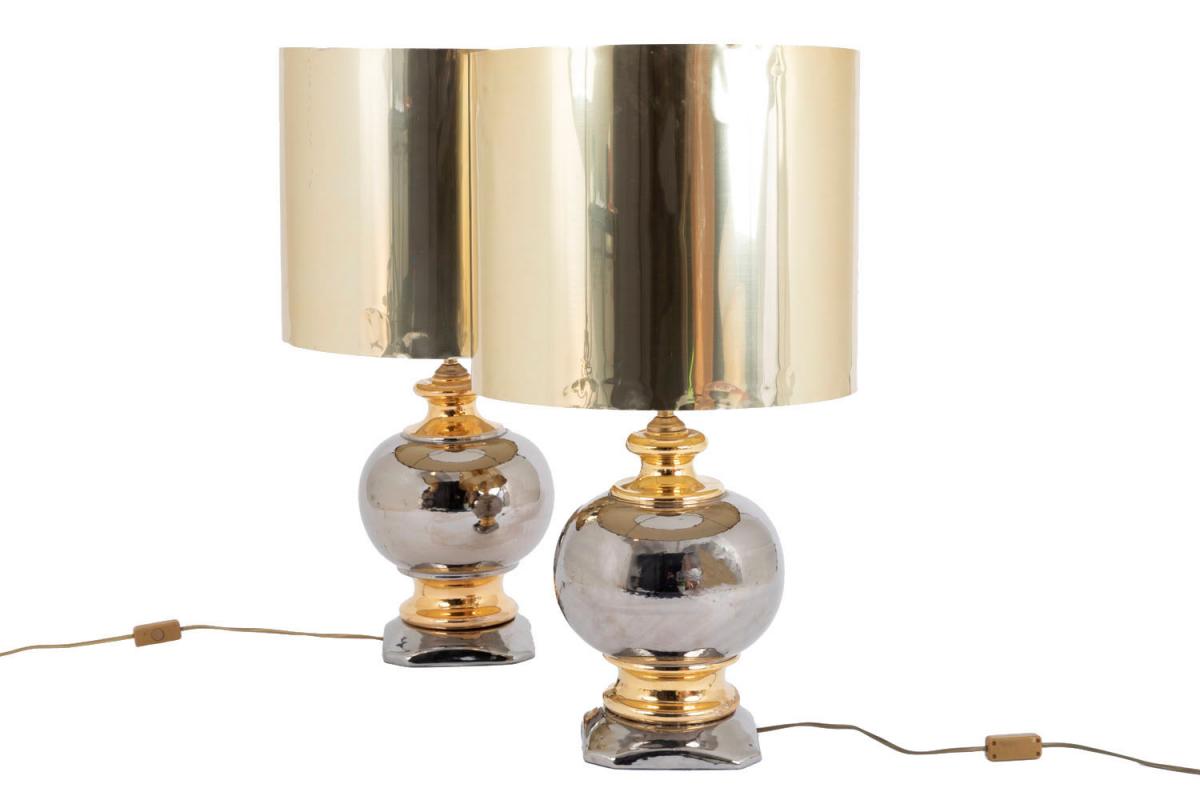 Pair Of Gilt And Silver Luster Glazed Ceramic Ball Lamps, Circa 1960 - Ls3297/3731/251