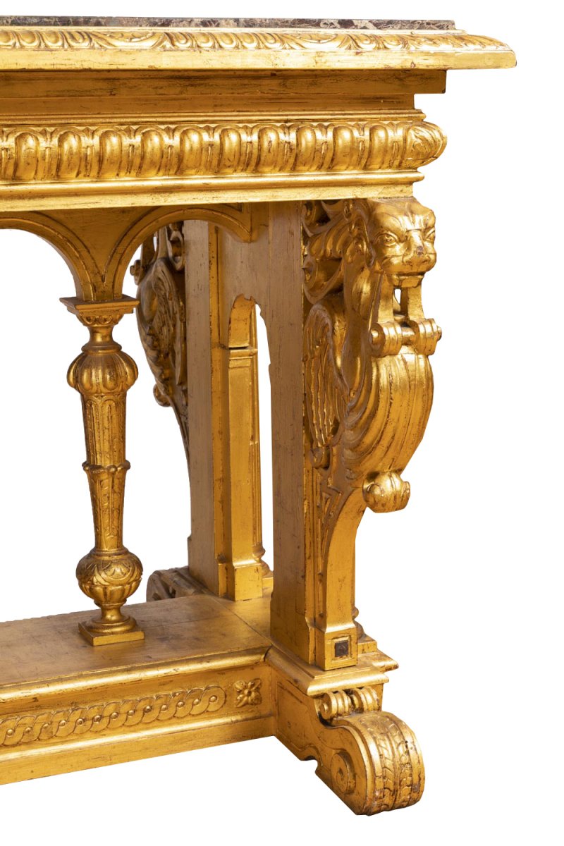 Renaissance Style Table In Giltwood And Marble, 19th Century - Ls26383501-photo-3