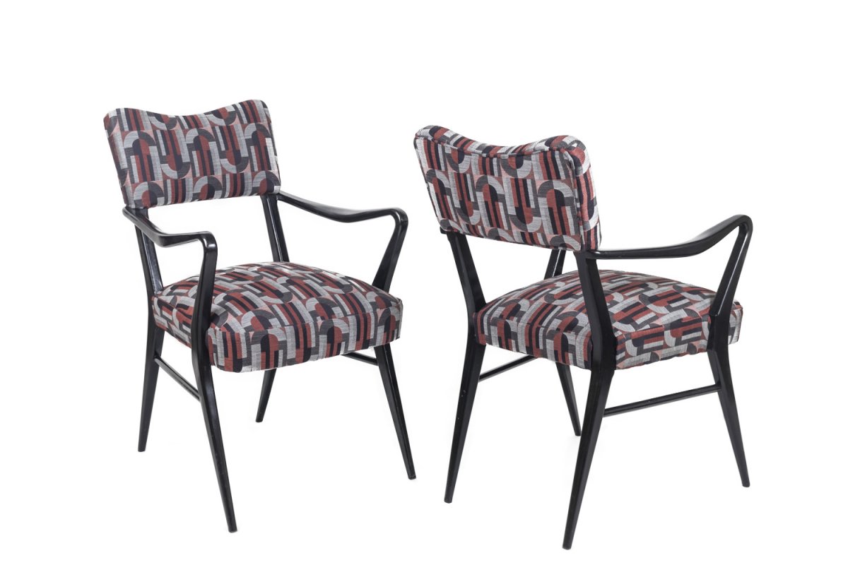 Pair Of Armchairs In Black Lacquered Wood, 1970's - Ls38871101