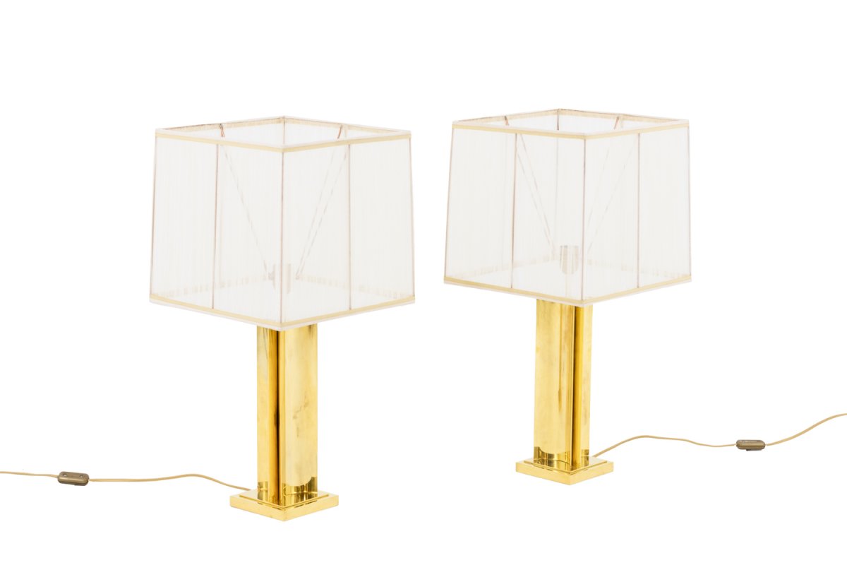 Pair Of Gilt Brass Lamps With A Geometrical Shaft, 1970’s - Ls4058/4059/1151