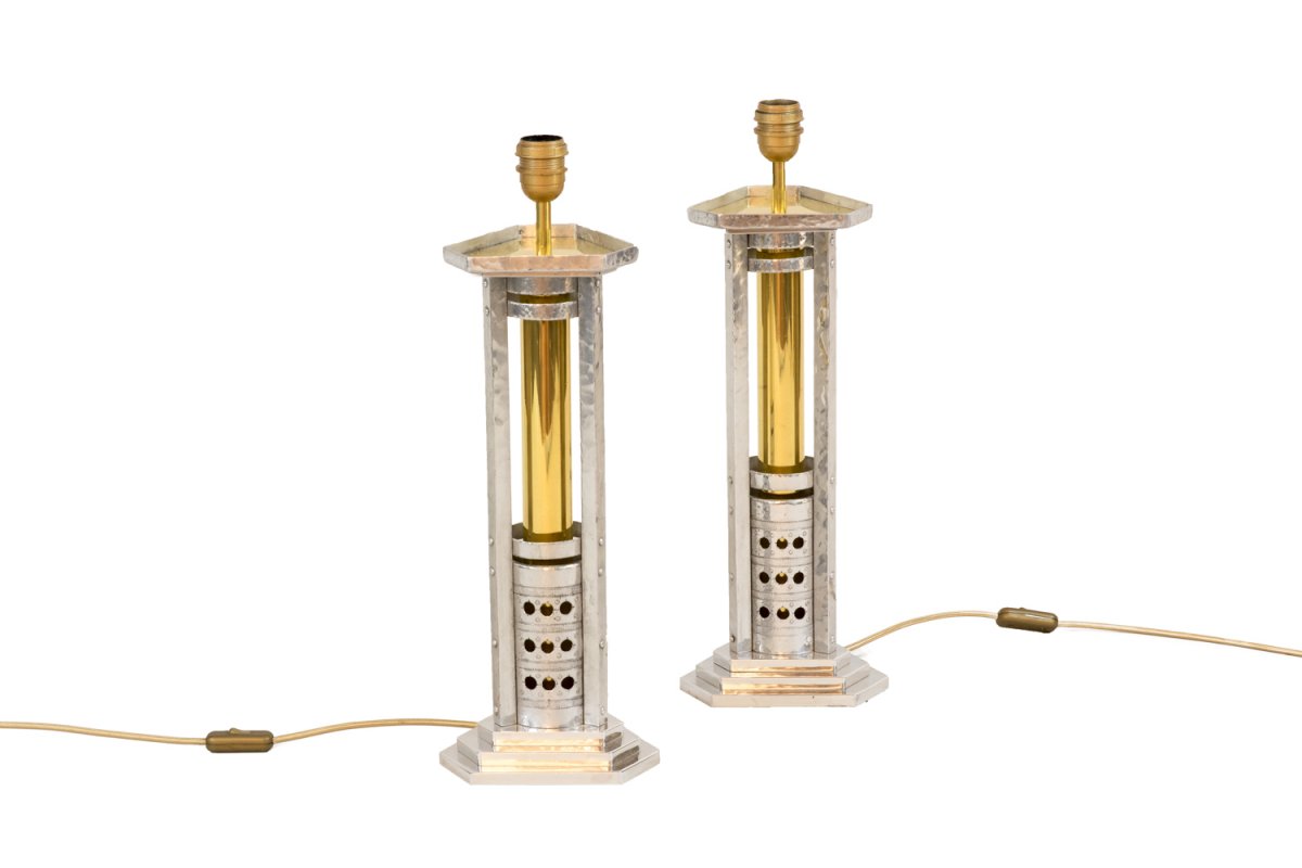 Pair Of Lamps In Cast Aluminium And Gilt Bronze, 1970’s - Ls3706891