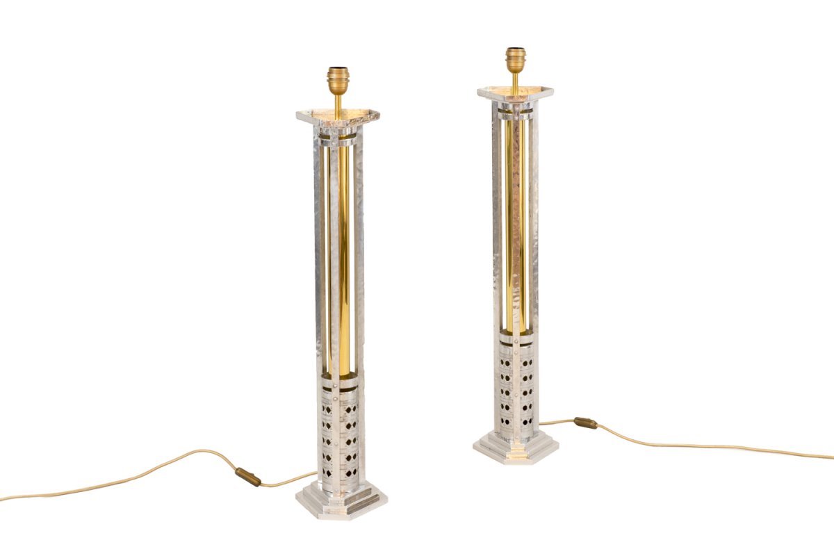 Pair Of Large Lamps In Cast Aluminium And Gilt Bronze, 1970’s - Ls3707711