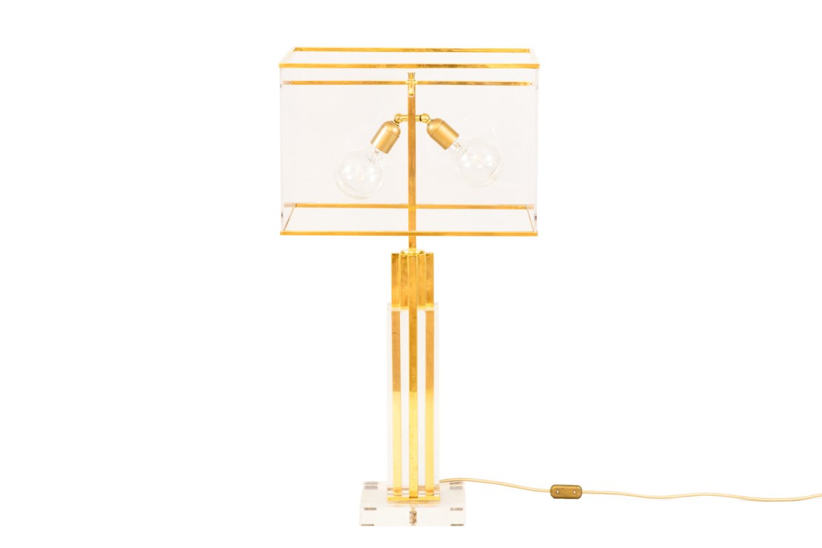 Romeo Rega, Lampe En Lucite Et Laiton Doré, Années 1970 - Ls4129721