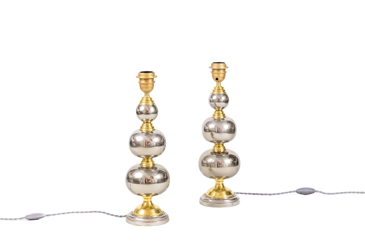Pair Of Rosary Lamps In Chromed And Gilt Metal, 1970’s - Ls3888341-photo-3