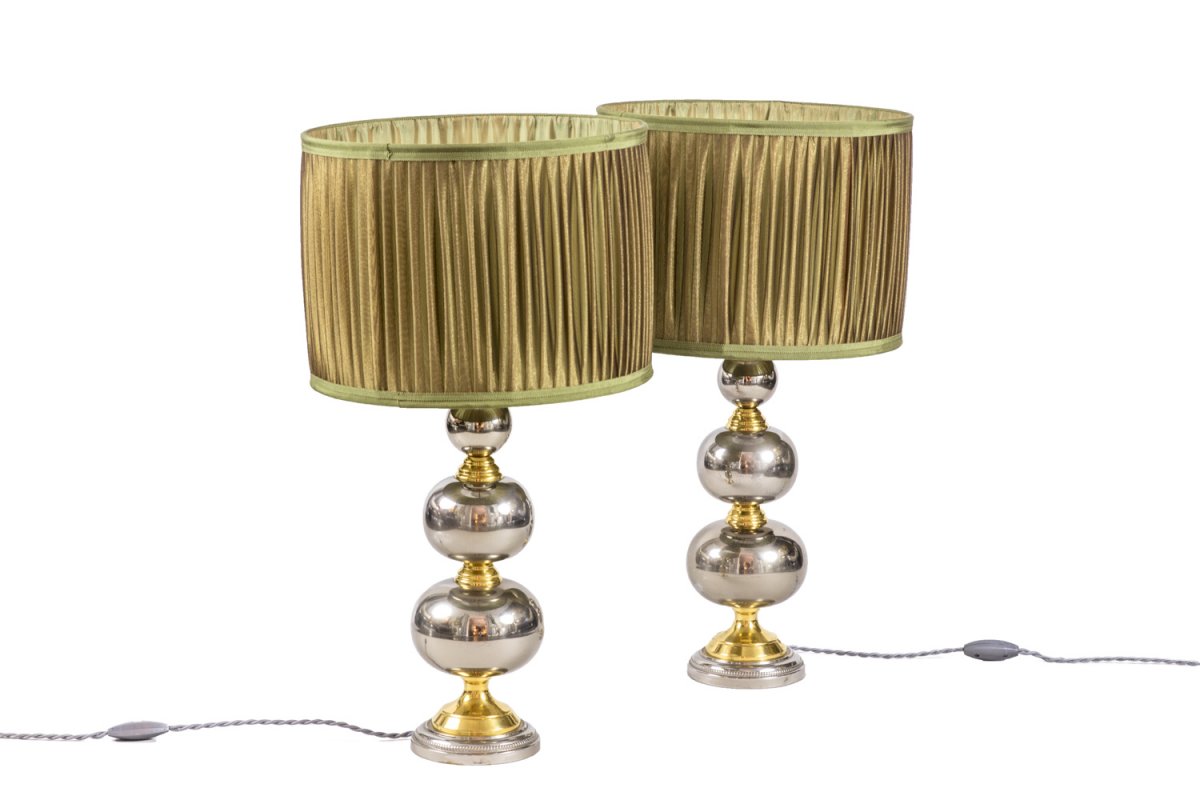 Pair Of Rosary Lamps In Chromed And Gilt Metal, 1970’s - Ls3888341