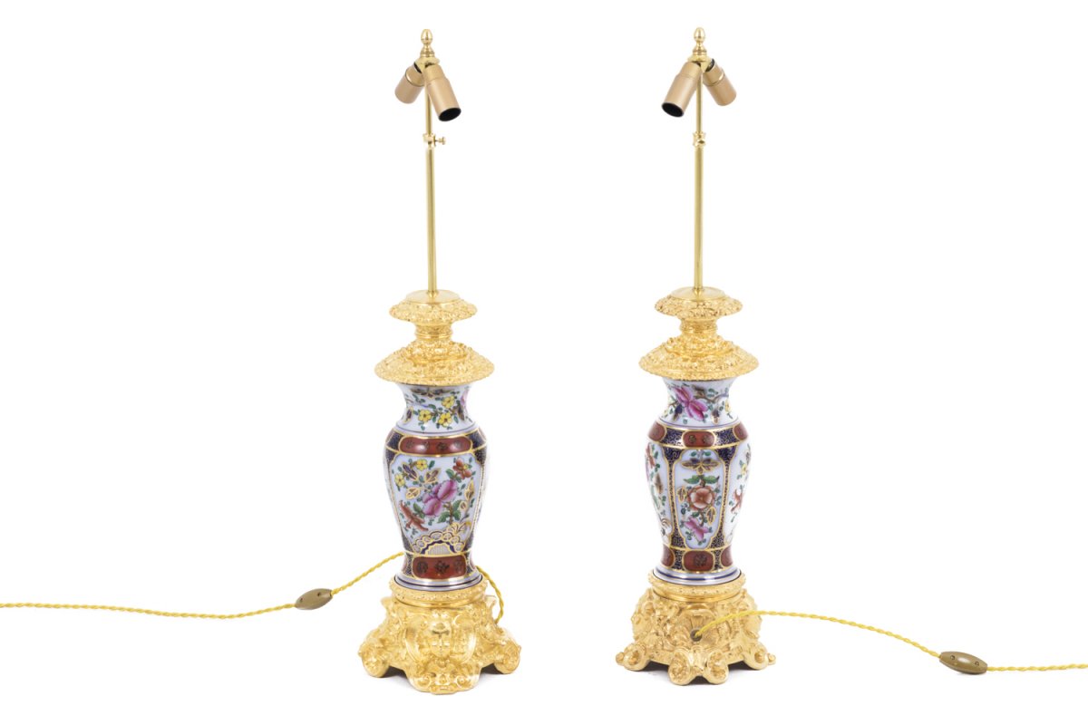 Paire De Lampes En Porcelaine Valentine Et Bronze Doré, Circa 1880 - Ls41221171-photo-2