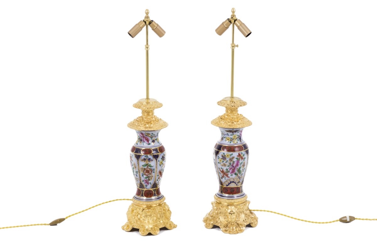 Paire De Lampes En Porcelaine Valentine Et Bronze Doré, Circa 1880 - Ls41221171-photo-3