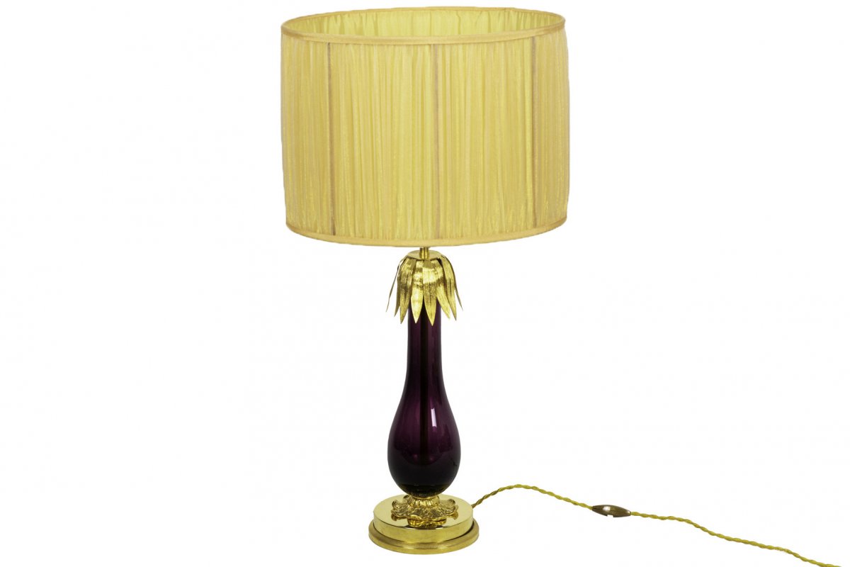 Lampe En Verre Aubergine Et Laiton Doré, Années 1970 - Ls4101261