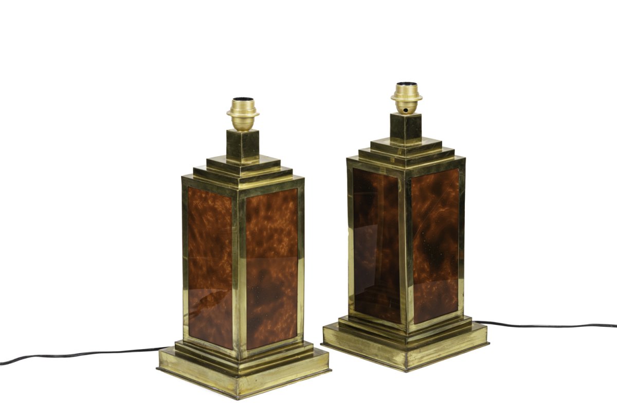 Pair Of Lamps In Bakelite And Gilt Brass, 1970’s - Ls4113301