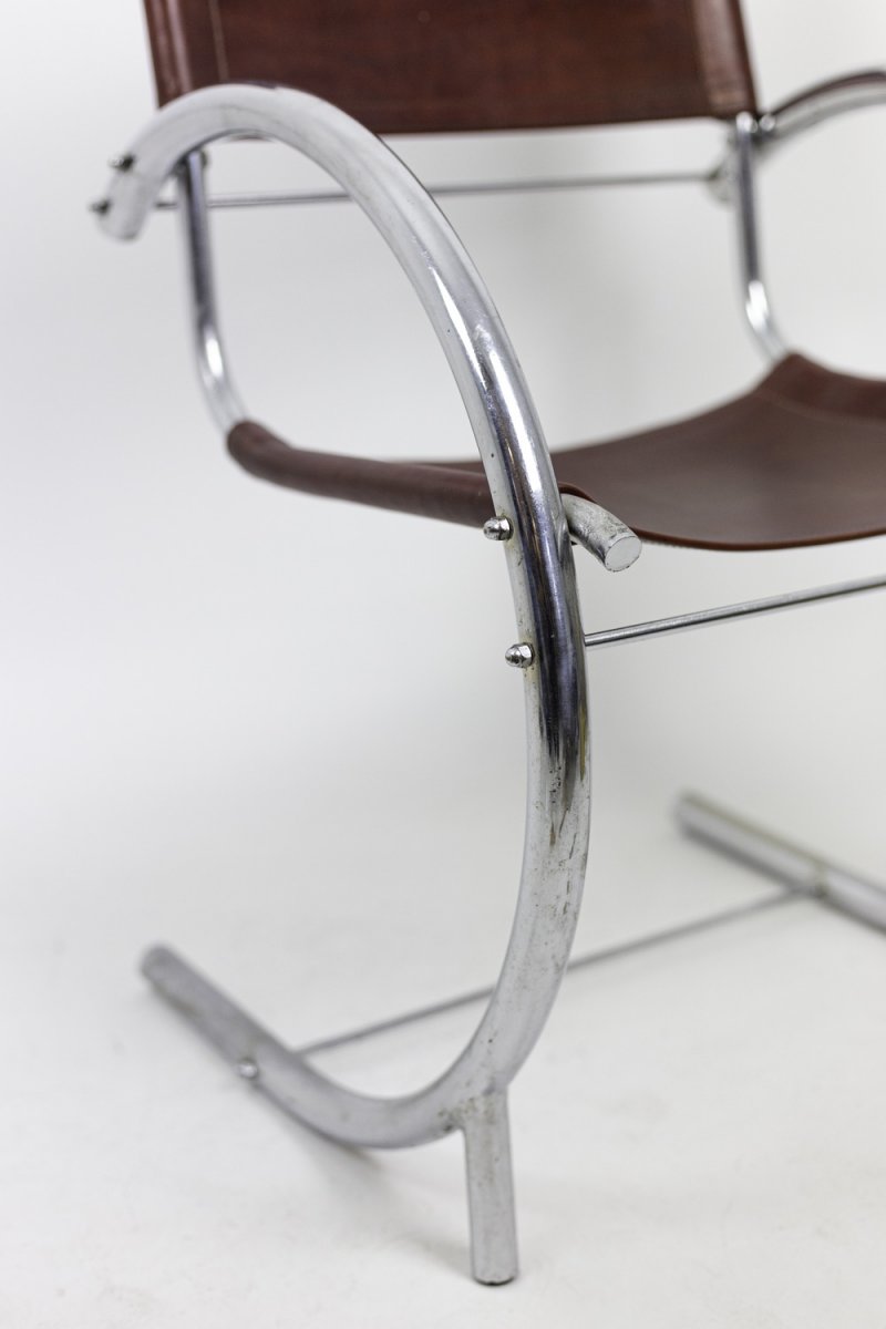 Armchair In Chromed Metal And Red Leather, 1930's - Ls3932651-photo-1