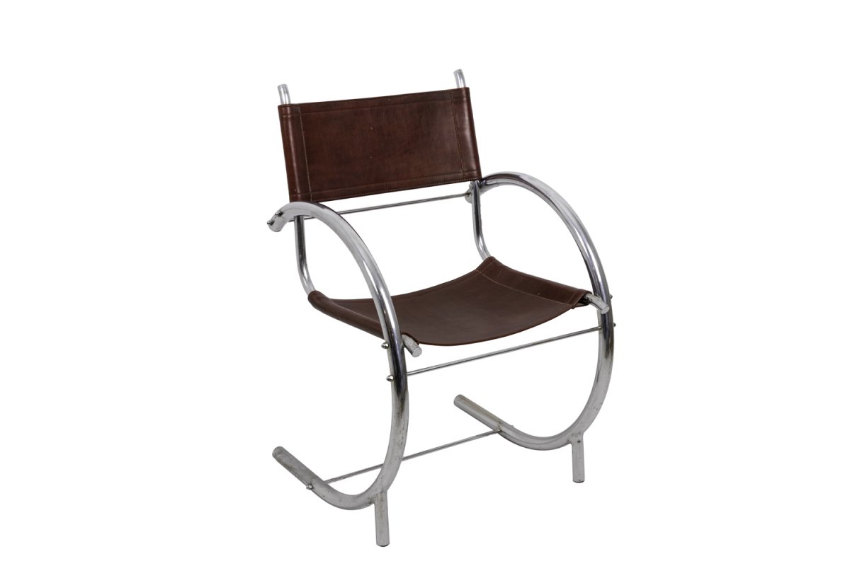 Armchair In Chromed Metal And Red Leather, 1930's - Ls3932651