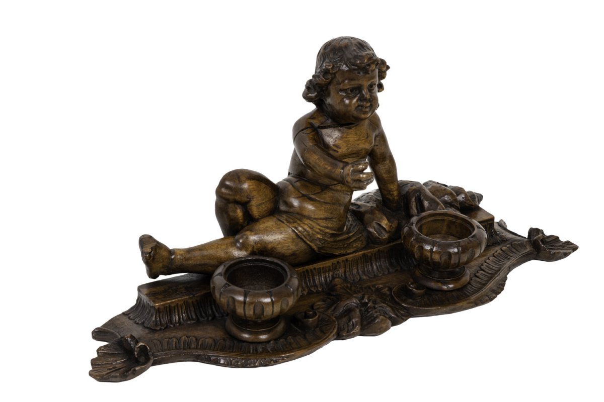 Inkwell In Wood Figuring A Child, 19th Century - Op445151-photo-2