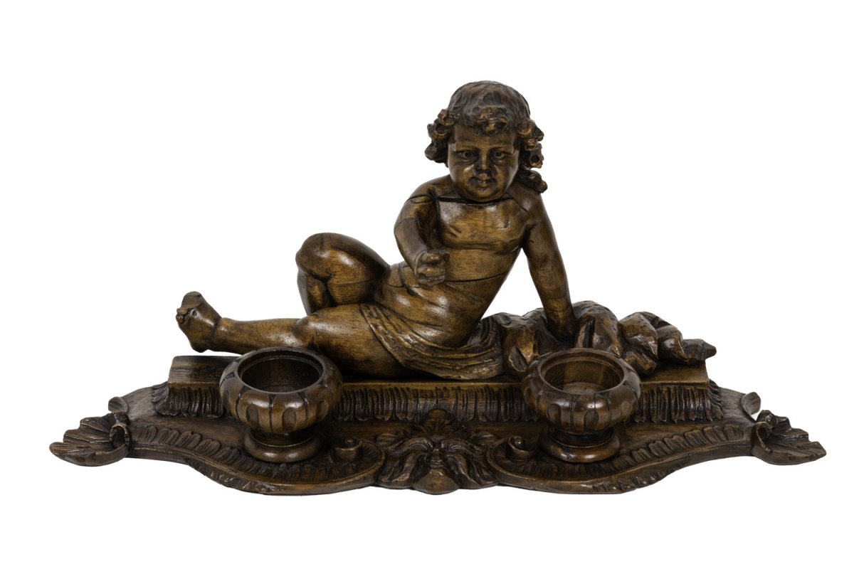 Inkwell In Wood Figuring A Child, 19th Century - Op445151