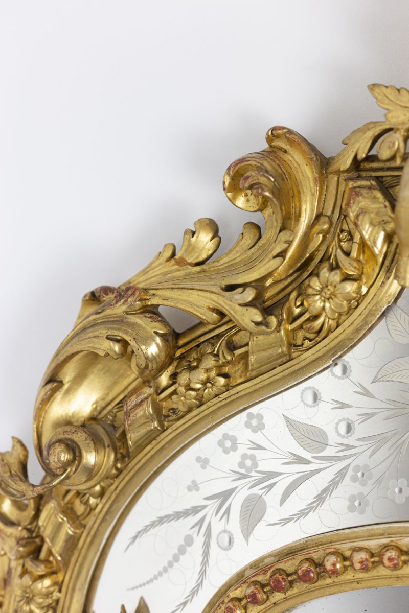 Grand Miroir Style Louis XVI à Parcloses En Bois Doré, Circa 1880 - Ls42292401-photo-1