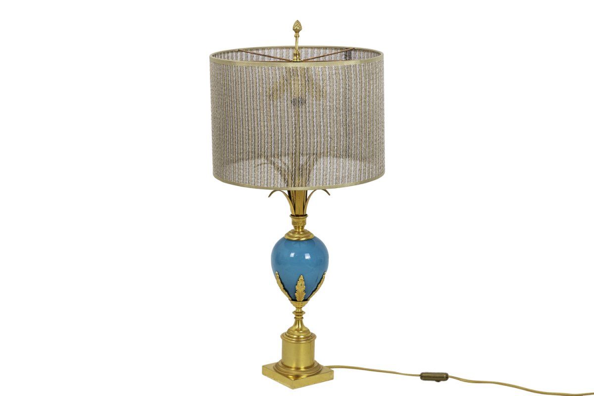 Lampe En Opaline Turquoise Et Bronze Doré, Années 1970 - Op479721