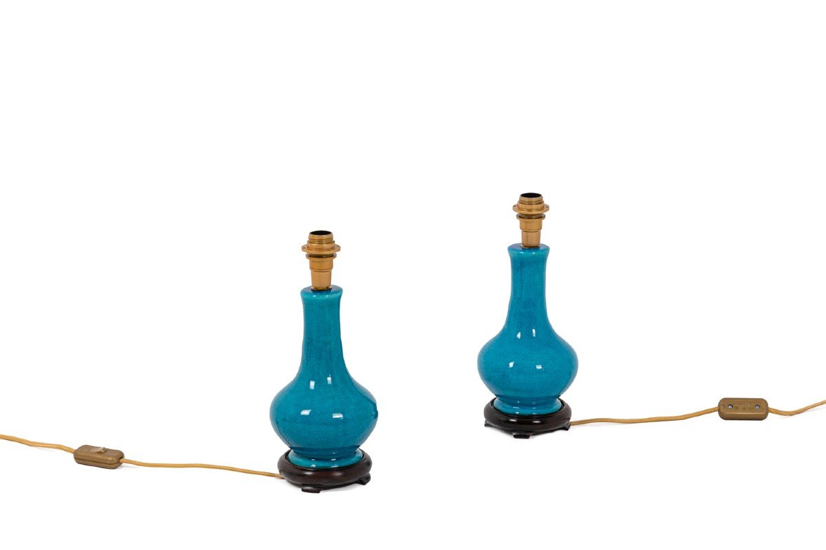 Pol Chambost, Paire De Petites Lampes En Céramique Et Bronze Doré, XXème Siècle - Ls4372397-photo-4