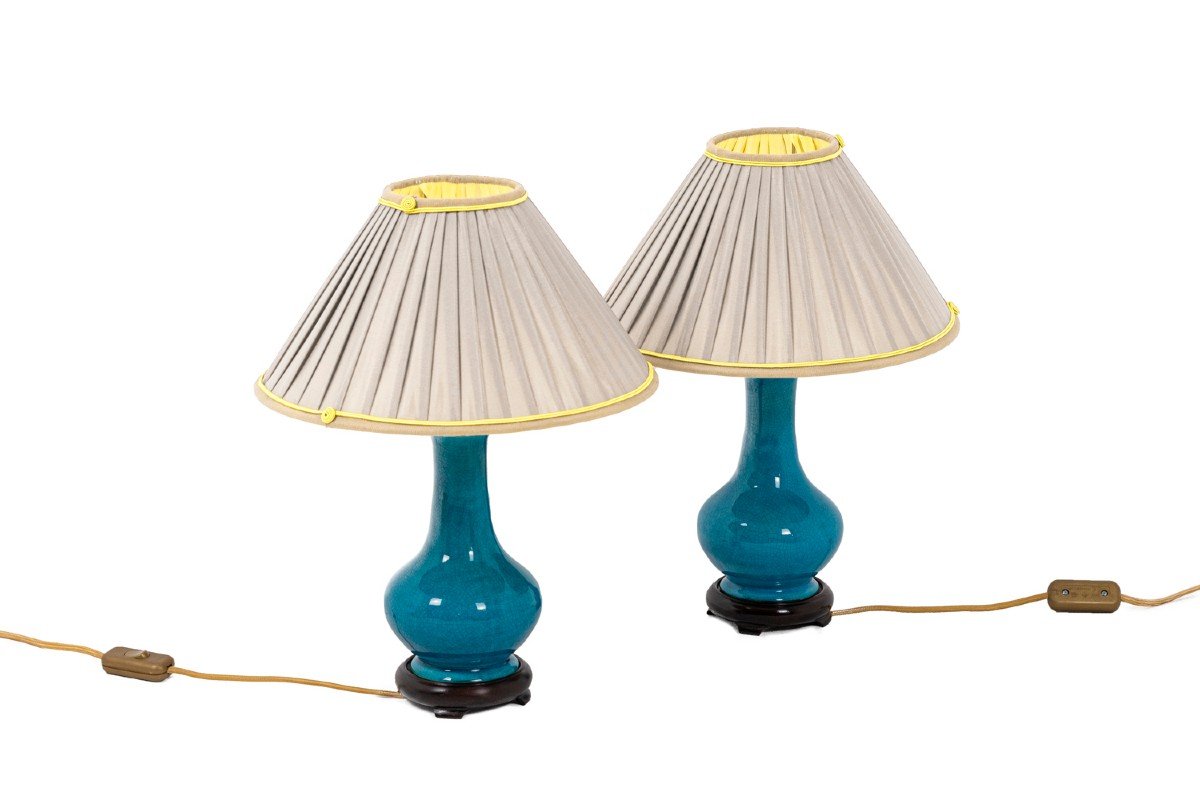 Pol Chambost, Pair Of Lamps In Ceramics And Gilt Bronze, 20th Century - Ls4372397