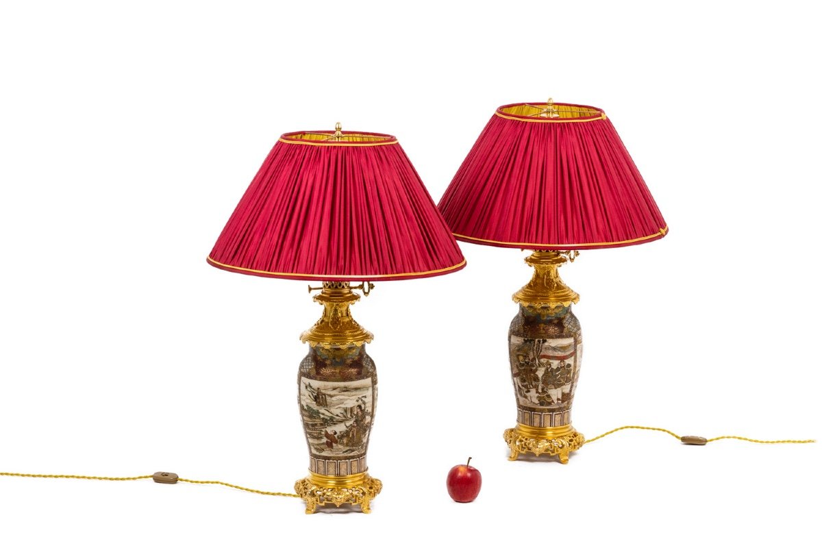 Paire De Lampe En Faïence Fine De Satsuma, Circa 1880-photo-3