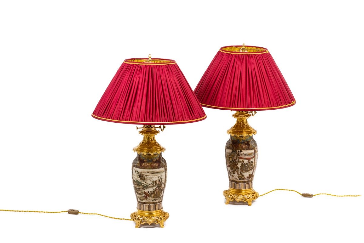 Paire De Lampe En Faïence Fine De Satsuma, Circa 1880