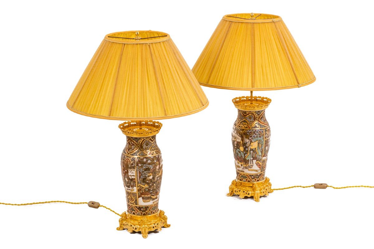 Pair Of Satsuma Earthenware And Gilded Bronze Lamps, Circa 1880, Ls4632841-photo-4