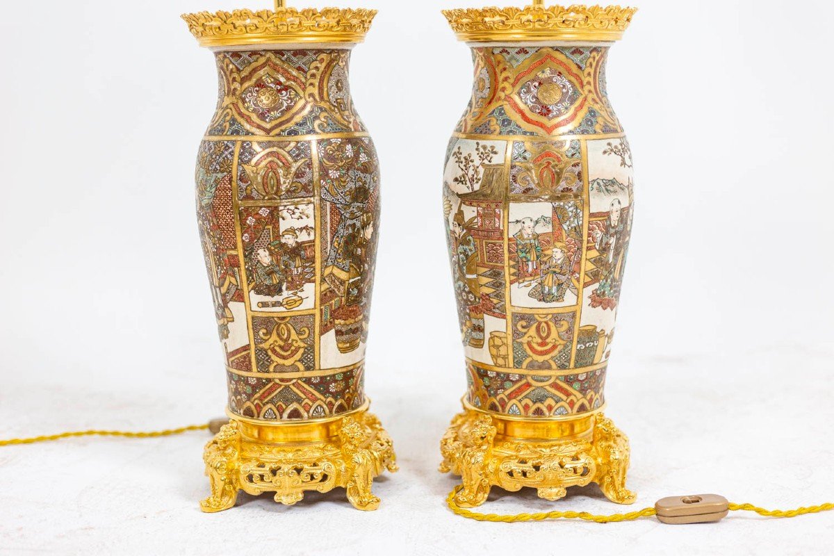 Pair Of Satsuma Earthenware And Gilded Bronze Lamps, Circa 1880, Ls4632841-photo-1
