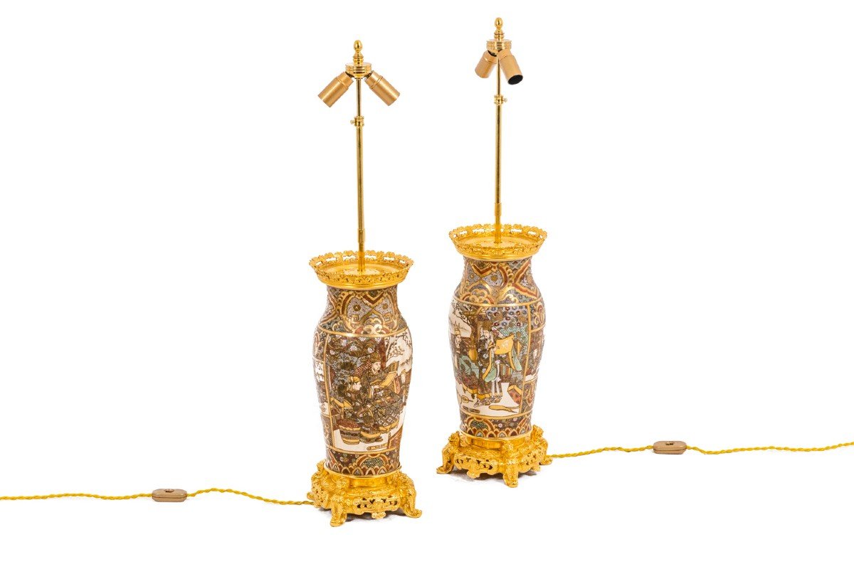 Pair Of Satsuma Earthenware And Gilded Bronze Lamps, Circa 1880, Ls4632841-photo-7