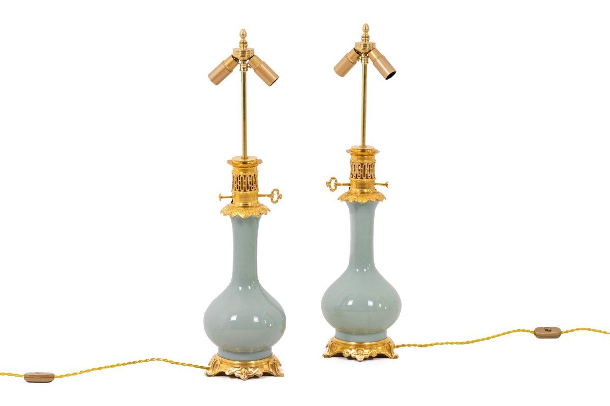 Pair Of Lamps In Céladon Porcelain And Gilt Bronze, Circa 1880, Ls4418621a-photo-1