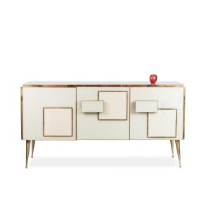 Geometric Sideboard In Glass And Golden Brass. Contemporary Italian Work.