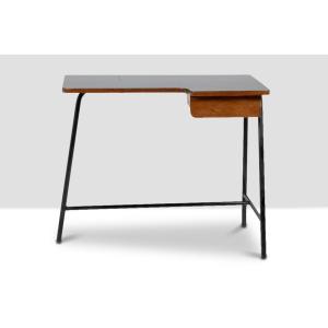 Jacques Hitier For Mbo, Desk In Oak And Black Metal, Year 1951