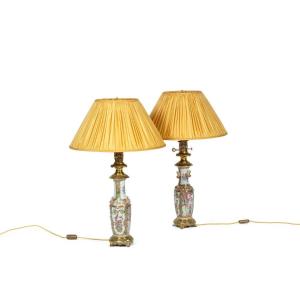Pair Of Canton Porcelain And Bronze Lamps. Circa 1880.