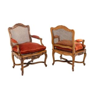 Jean Mocqué, Pair Of Regency Style Cane Armchairs, 20th Century, Ls4699701